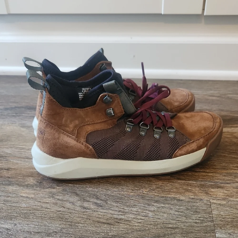 L.L. Bean Brown Suede & Dark Brown Mesh Ankle Booties with Burgundy Laces